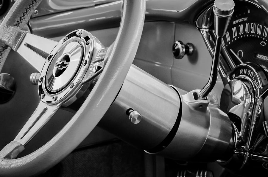 Black And White Photograph - 1956 Chevrolet 210 2-Door Handyman Wagon Steering Wheel Emblem -189bw by Jill Reger