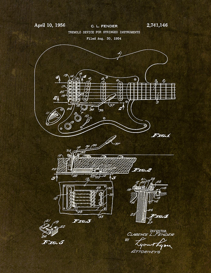 Guitar Still Life Drawing - 1956 Fender Tremolo Patent Drawing II by Gary Bodnar