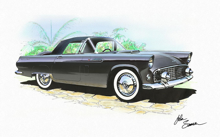 Car Painting - 1956 FORD THUNDERBIRD  black  classic vintage sports car art sketch rendering         by John Samsen