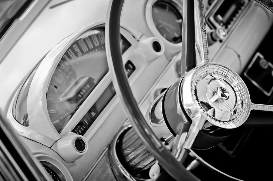 Black And White Photograph - 1956 Ford Thunderbird Steering Wheel -322bw by Jill Reger