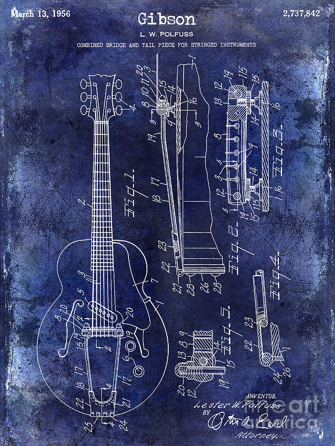 1956 Gibson Electric Guitar Patent Drawing Blue Photograph by Jon Neidert