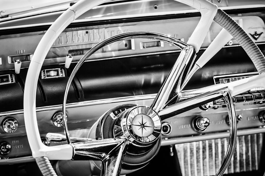 1956 Lincoln Premiere Steering Wheel -0838bw Photograph by Jill Reger