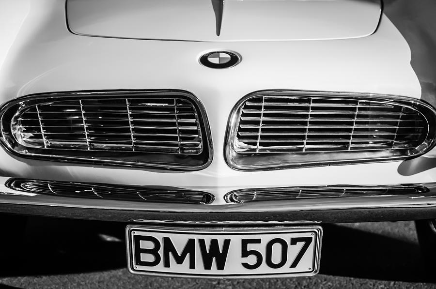 1957 BMW Hood Emblem - License Plate -0107bw Photograph by Jill Reger