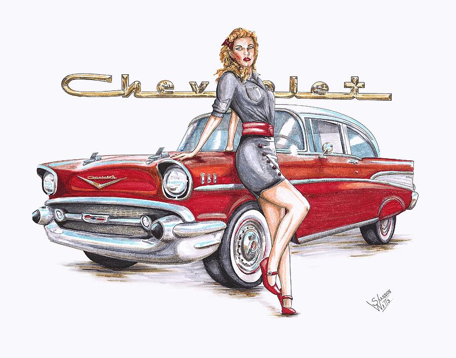 1957 Chevrolet Post With Pin Up Girl Drawing By Shannon Watts Fine