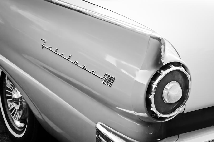 Black And White Photograph - 1957 Ford Fairlane 500 Taillight Emblem by Jill Reger