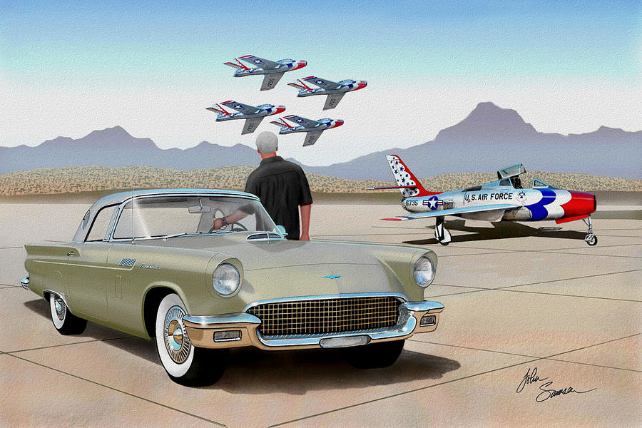 Car Painting - 1957 THUNDERBIRD  with F-84 Thunderbirds inca vintage Ford classic art sketch rendering            by John Samsen