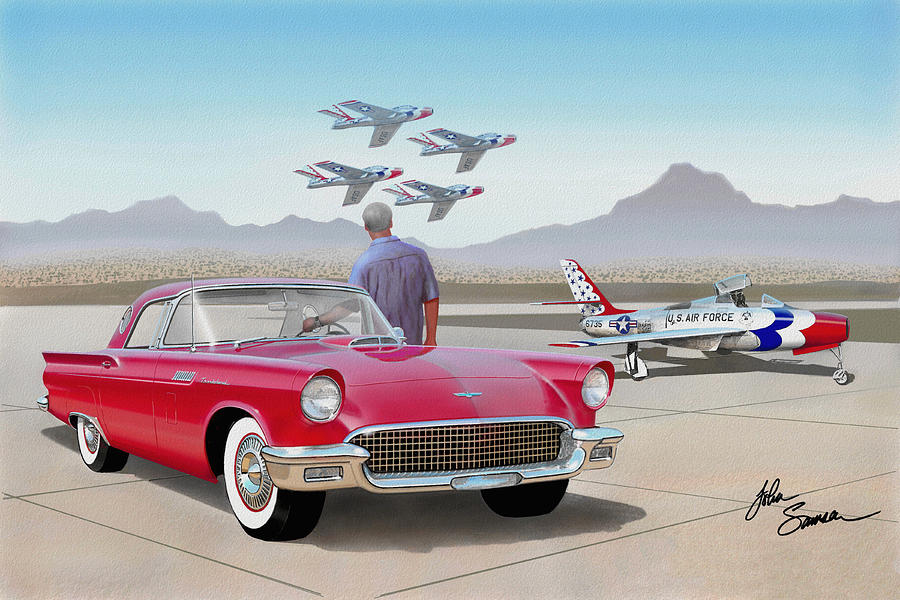 Car Painting - 1957 THUNDERBIRD  with F-84 Thunderbirds  red  classic Ford vintage art sketch rendering         by John Samsen