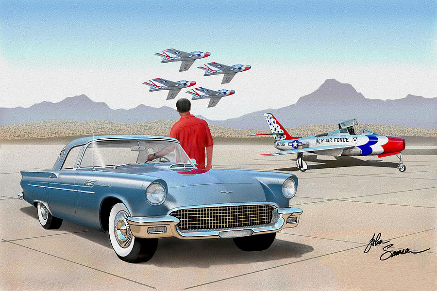 Car Painting - 1957 Thunderbird  with F84 Thunderbirds  azure blue  classic rendering  by John Samsen