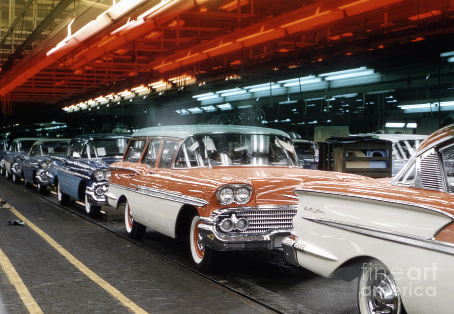 1958 Photograph - 1958 Chevrolet Automobile Assembly Line by The Harrington Collection