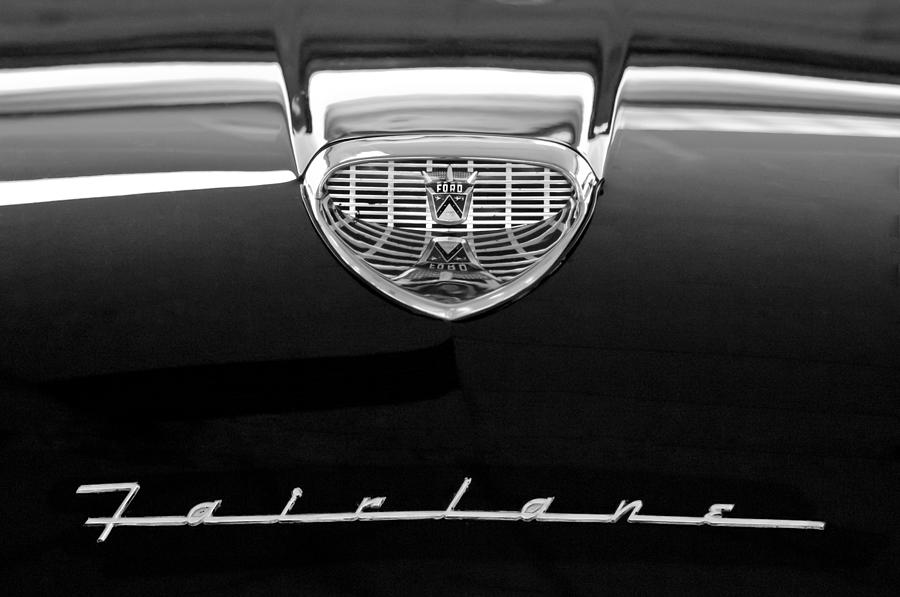 Black And White Photograph - 1958 Ford Fairlane 500 Victoria Hood Emblem by Jill Reger