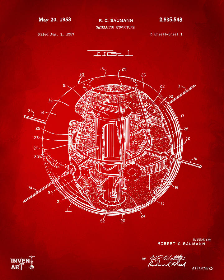 Space Digital Art - 1958 Space Satellite Structure Patent Red by Nikki Marie Smith