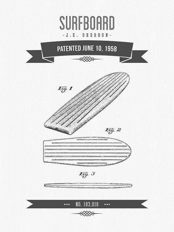 1958 Surfboard Patent Drawing - Retro Gray Digital Art
