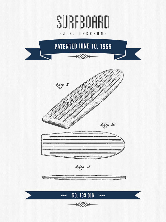 Vintage Digital Art - 1958 Surfboard Patent Drawing - Retro Navy Blue by Aged Pixel