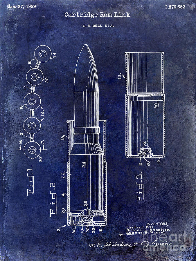 1959 Cartidge Ram Link Patent Drawing Blue Photograph by Jon Neidert