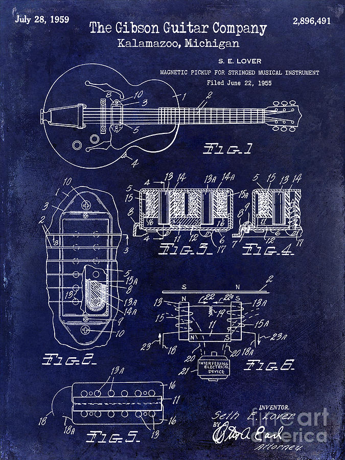 1959 Gibson Guitar Patent Drawing Blue Photograph by Jon Neidert