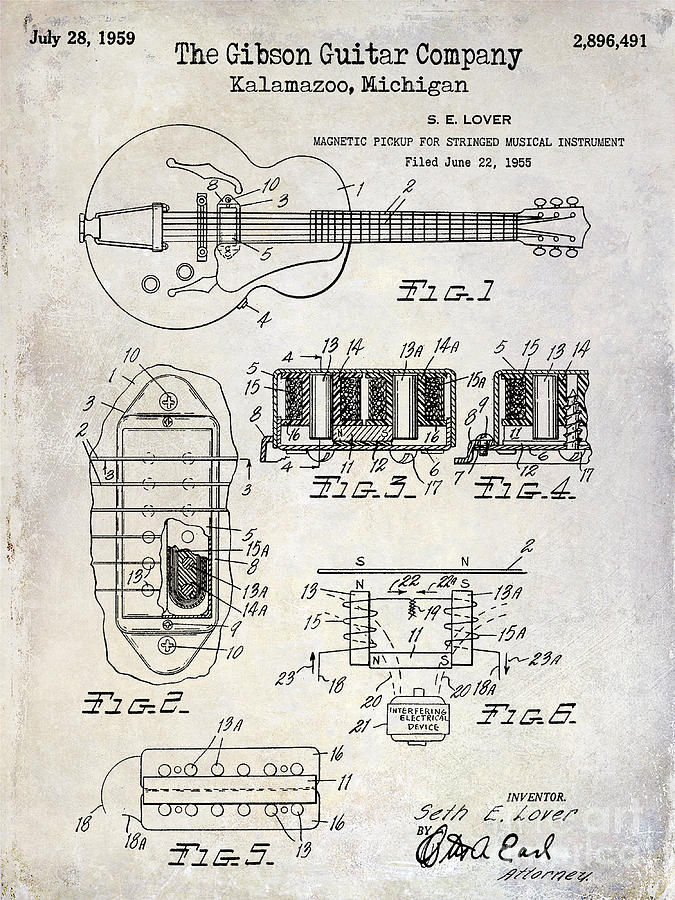 1959 Gibson Guitar Patent Drawing Photograph by Jon Neidert