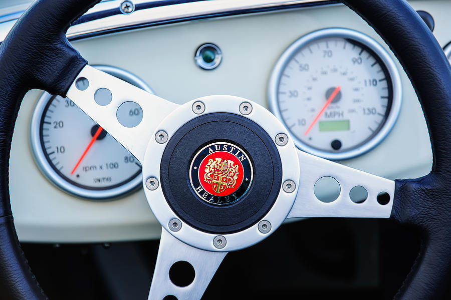 Car Photograph - 1960 Austin-Healey -Bugeye  Sprite MK I Steering Wheel Emblem by Jill Reger