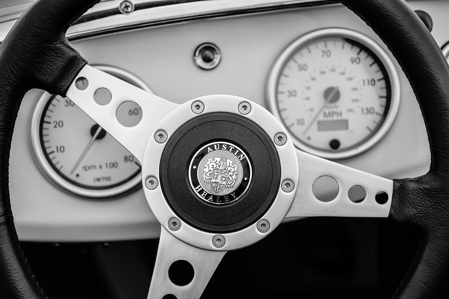 1960 Austin-Healey -Bugeye Sprite MK I Steering Wheel Emblem -1155bw Photograph by Jill Reger