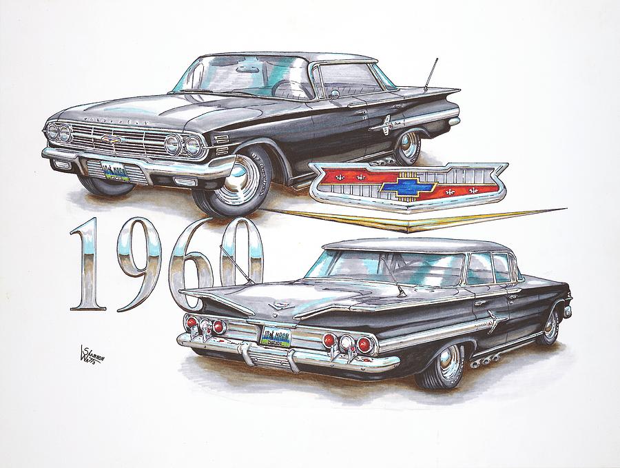 Chevy Drawing - 1960 Chevrolet Sports Sedan by Shannon Watts