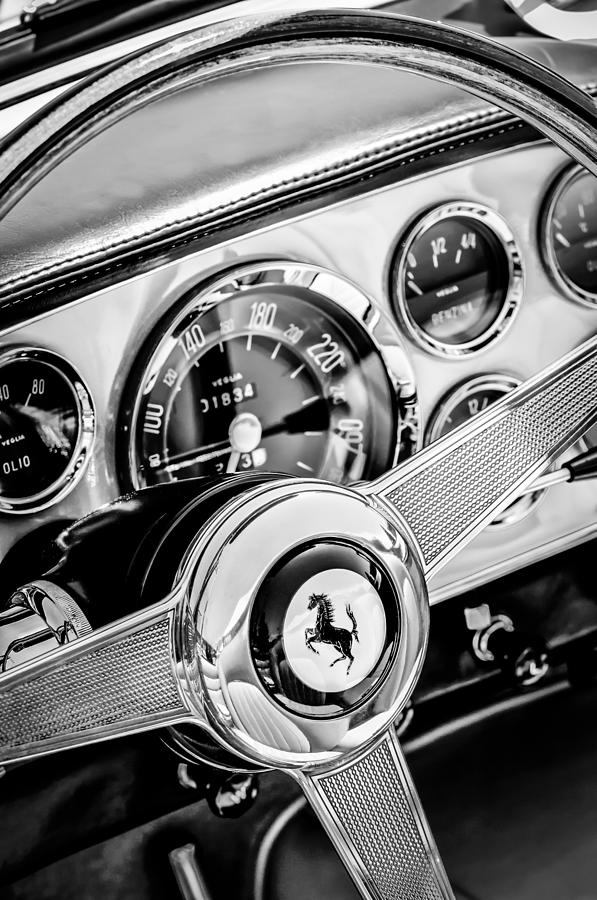 Black And White Photograph - 1960 Ferrari 250 GT Cabriolet Pininfarina Series II Steering Wheel Emblem -1319bw by Jill Reger