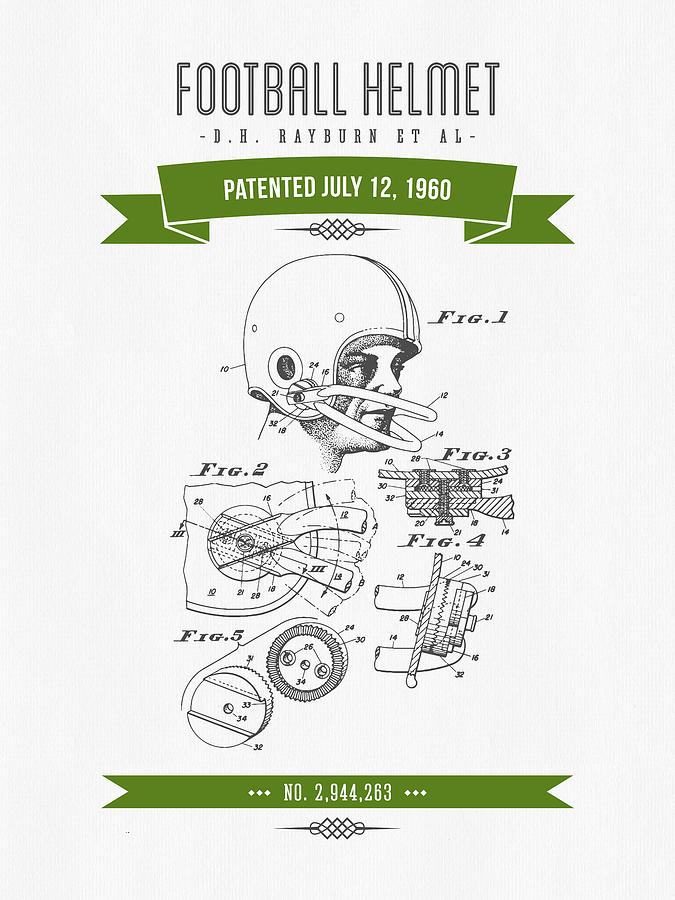 Football Digital Art - 1960 Football Helmet Patent Drawing - Retro Green by Aged Pixel
