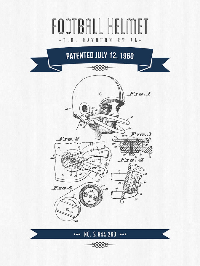 1960 Football Helmet Patent Drawing - Retro Navy Blue Digital Art