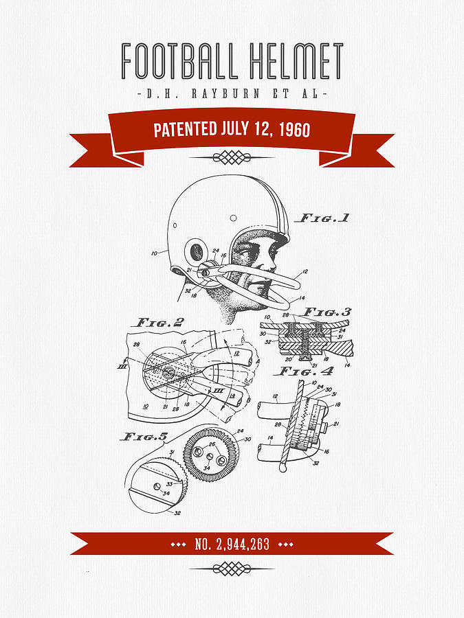 1960 Football Helmet Patent Drawing - Retro Red Digital Art