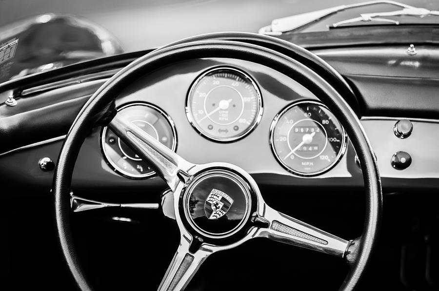 Black And White Photograph - 1960 Porsche 356 B Roadster Steering Wheel Emblem -1096bw by Jill Reger