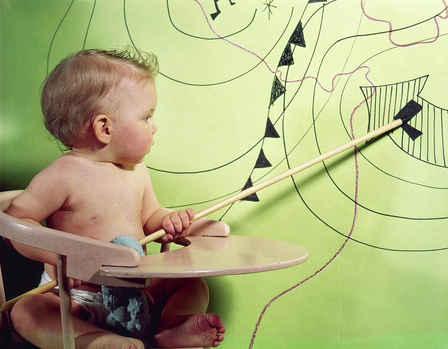 Actor Photograph - 1960s Baby In High Chair Using Wooden by Vintage Images
