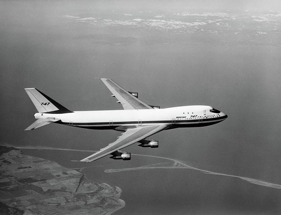 Black And White Photograph - 1960s Boeing 747 In Flight by Vintage Images