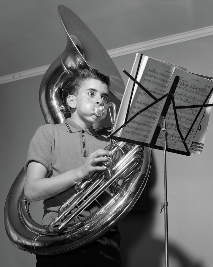 1960s Boy Playing The Tuba While Photograph by Vintage Images