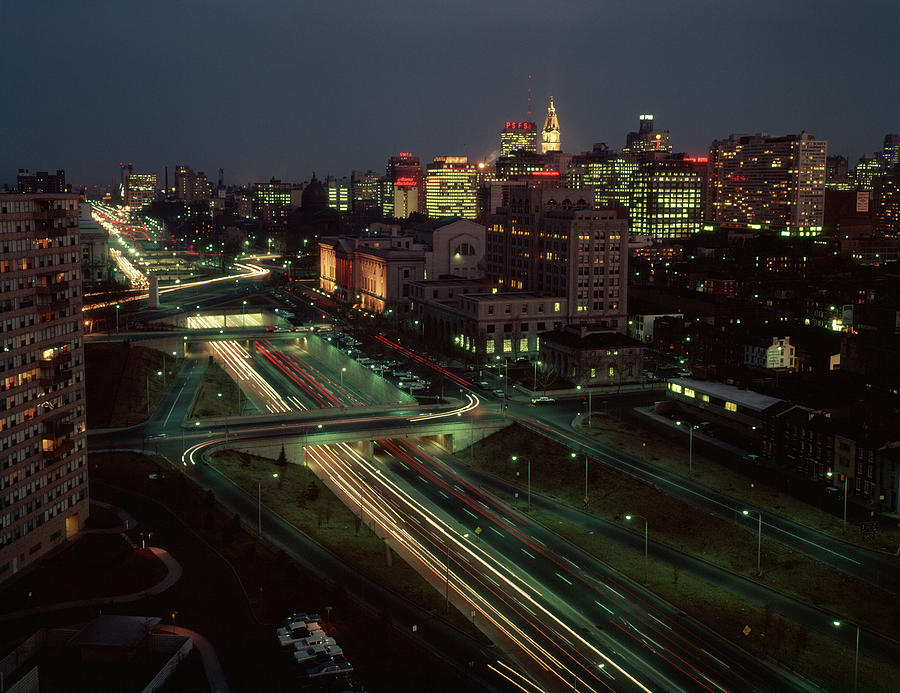 Philadelphia Photograph - 1960s Night View Vine Street Expressway by Vintage Images