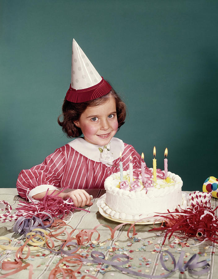 Cake Photograph - 1960s Smiling Girl Pink Stripe Dress by Vintage Images