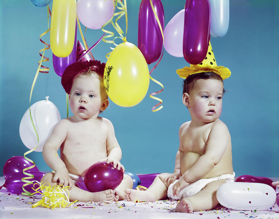 Hat Photograph - 1960s Two Babies Wearing Party Hats by Vintage Images