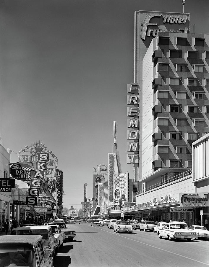 Black And White Photograph - 1960s View Down Freemont Street by Vintage Images
