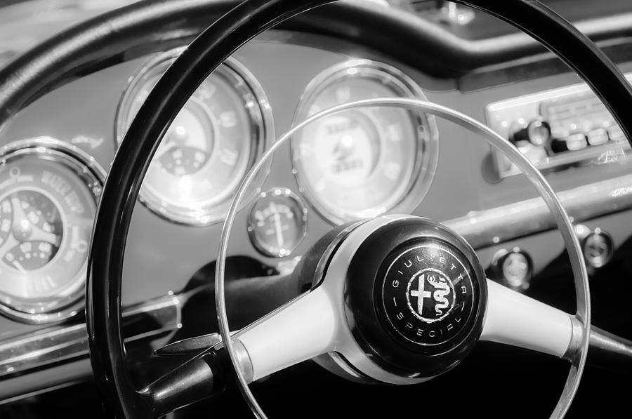 1961 Alfa Romeo Giulietta Spider Steering Wheel Emblem -1239BW Photograph by Jill Reger