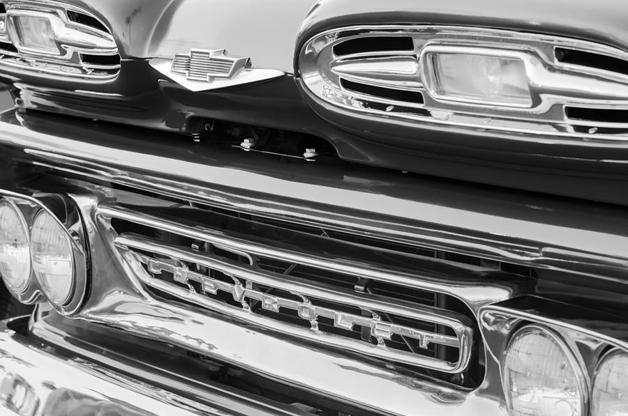 Black And White Photograph - 1961 Chevrolet Front End Emblem by Jill Reger