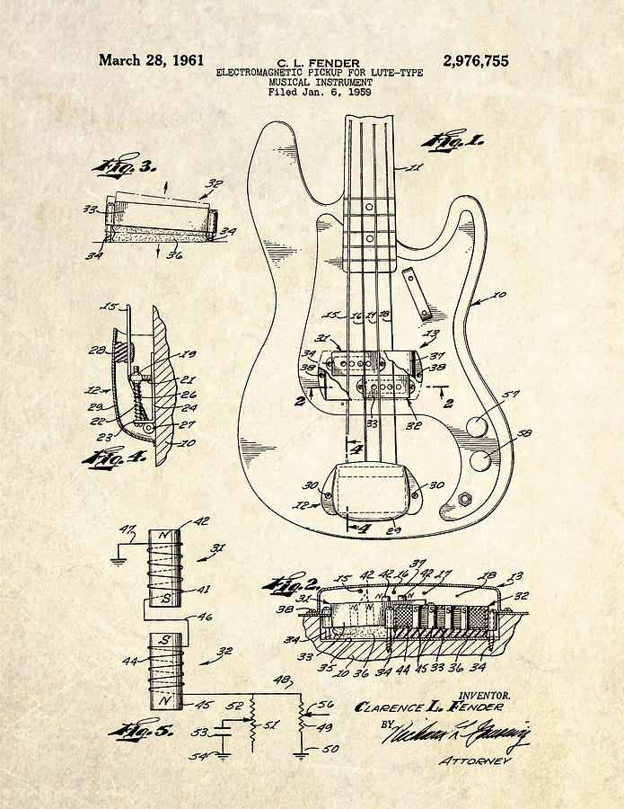 Bass Drawing - 1961 Fender Bass Pickup Patent Art by Gary Bodnar