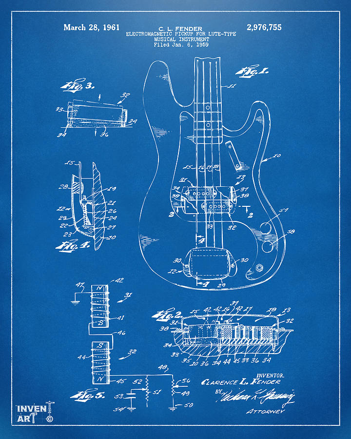 Guitar Digital Art - 1961 Fender Guitar Patent Artwork - Blueprint by Nikki Marie Smith