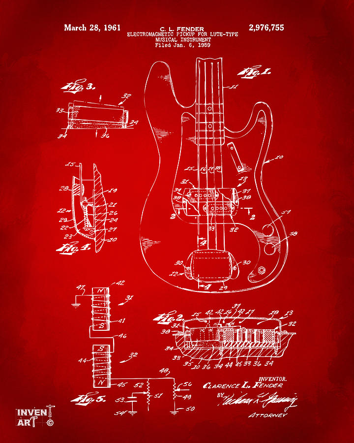 1961 Fender Guitar Patent Artwork - Red Digital Art by Nikki Marie Smith
