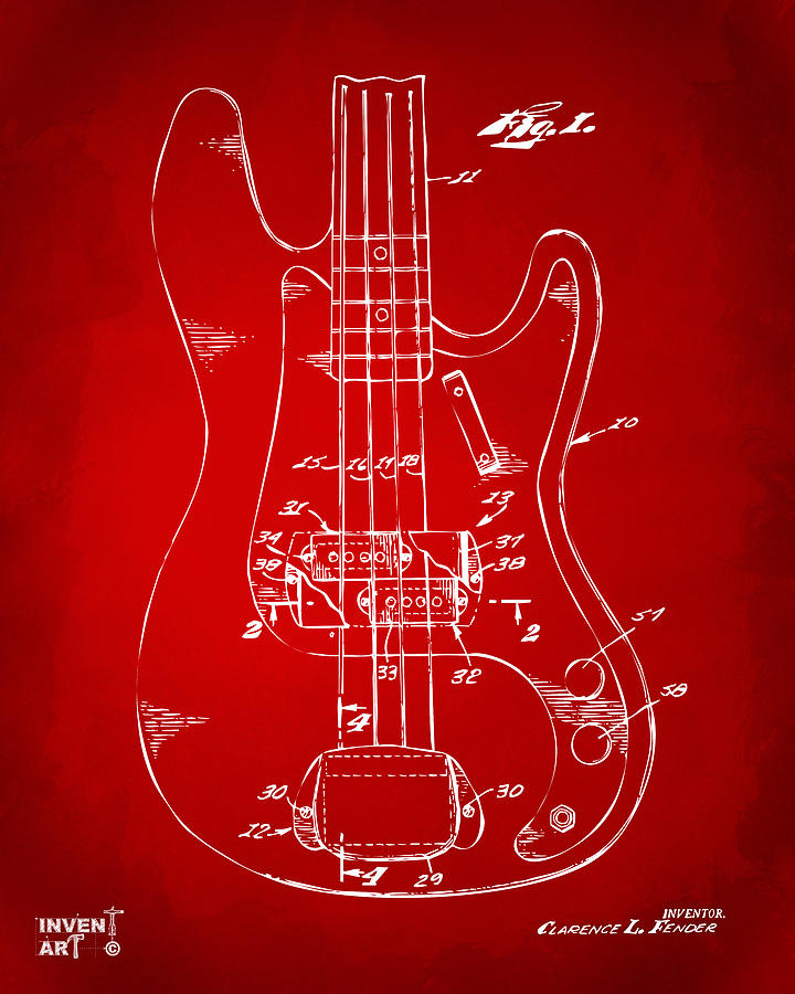 1961 Fender Guitar Patent Minimal - Red Digital Art by Nikki Marie Smith
