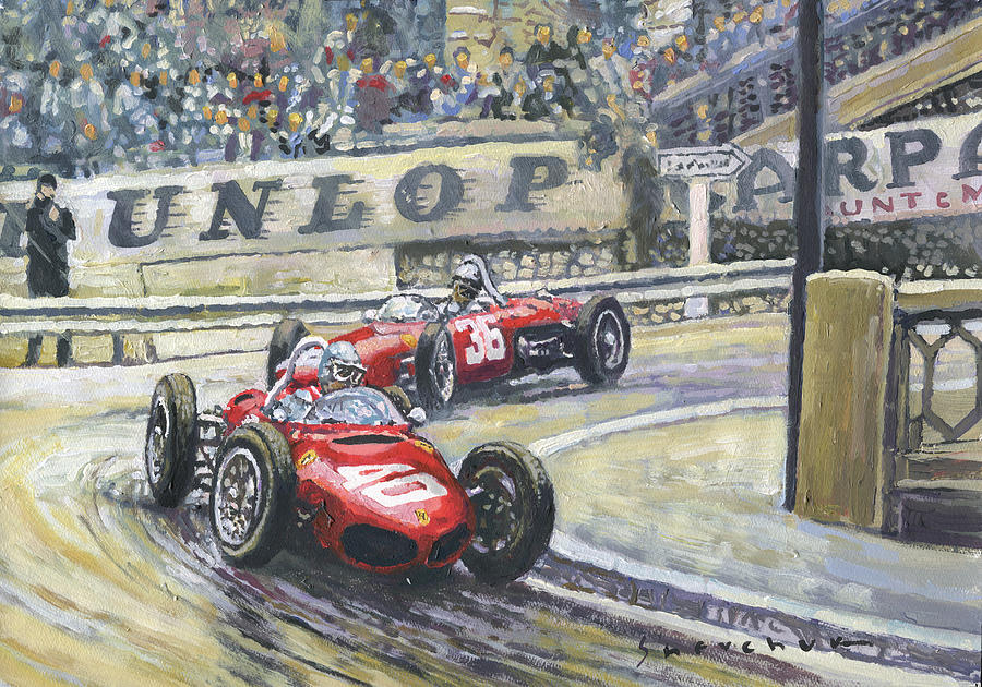 Acrilic Painting - 1961 Monaco GP Ferrari 156 #40 Trips #36 Ginther by Yuriy Shevchuk