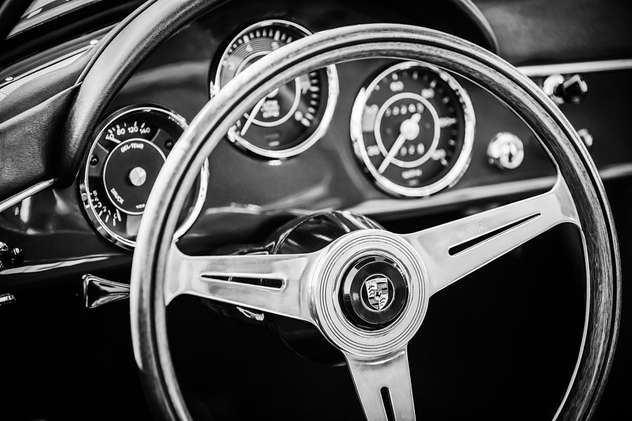 1961 Porsche 356 B Roadster Steering Wheel Emblem -1988bw Photograph by Jill Reger