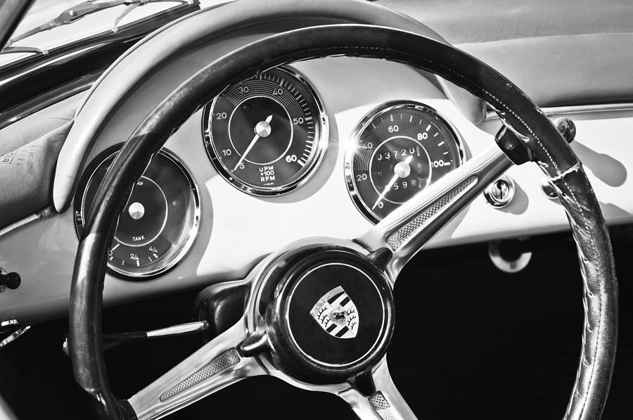 1961 Porsche 356B 1600 Super Steering Wheel Emblem -1712bw Photograph by Jill Reger