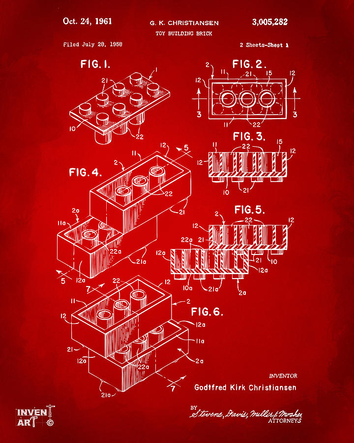 1961 Toy Building Brick Patent Art Red Digital Art by Nikki Marie Smith