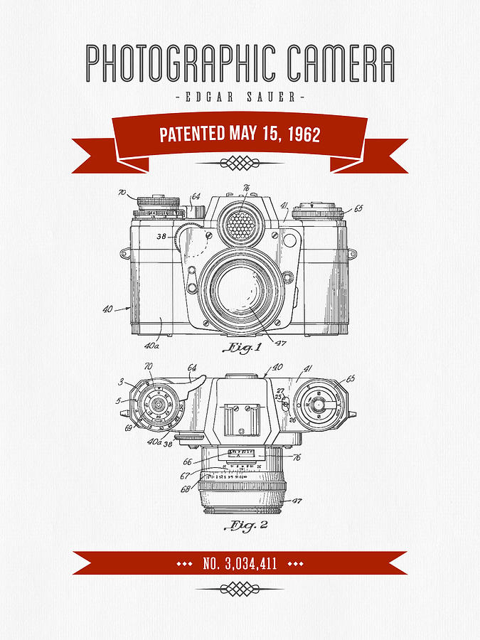 1962 Photographic Camera Patent Drawing - Retro Red Digital Art