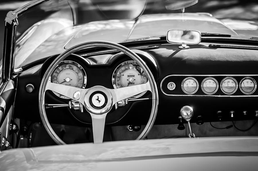 Black And White Photograph - 1963 Ferrari Steering Wheel -0274bw by Jill Reger