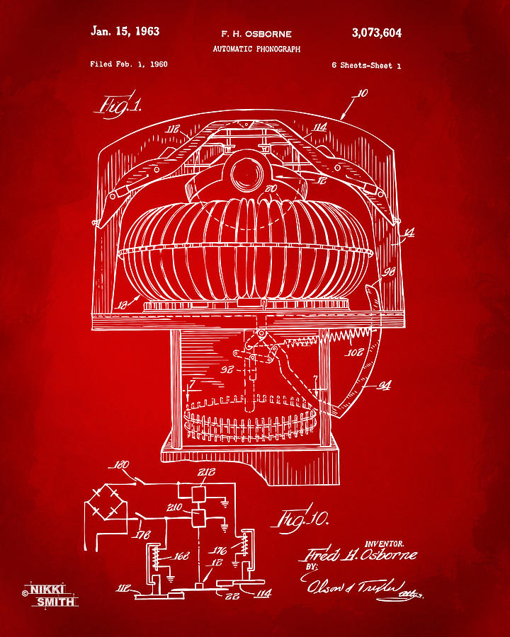 Music Drawing - 1963 Jukebox Patent Artwork - Red by Nikki Marie Smith