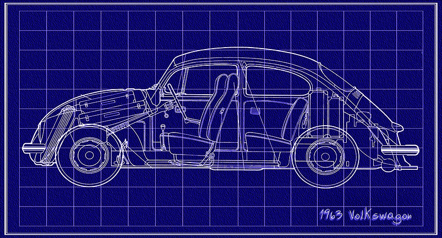Car Digital Art - 1963 Volkswagon Beetle Blueprint by Bill Cannon