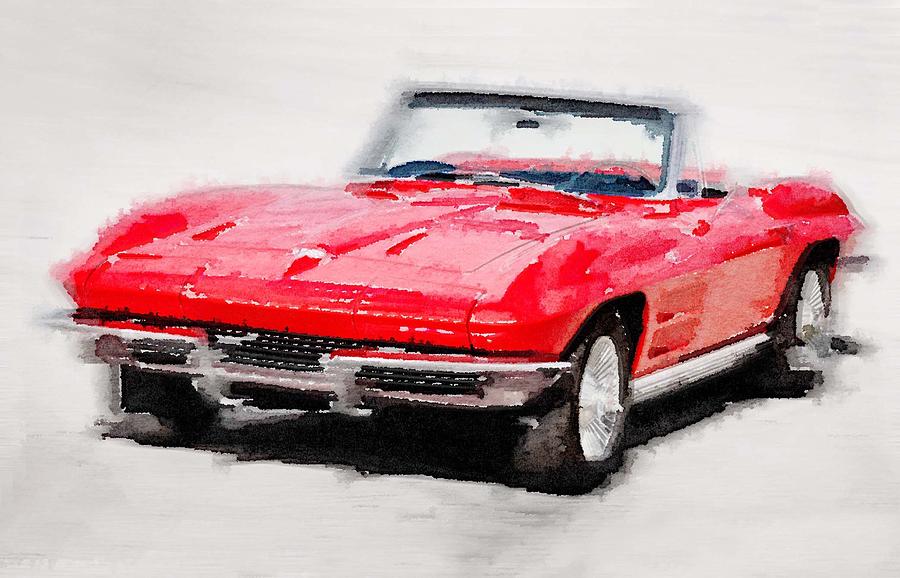 Car Painting - 1964 Corvette Stingray Watercolor by Naxart Studio